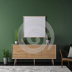 mock up of green wall photo frame , home decor, front view, ai