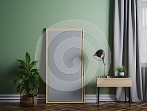 mock up of green wall photo frame , home decor, front view, ai