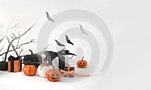 Mock up Halloween background with gifts, pumpkins, bats and scary tree branches on white. Halloween trick treat concept f