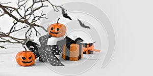 Mock up Halloween decorations.  Halloween gifts and pumpkins, scary brances on white background.