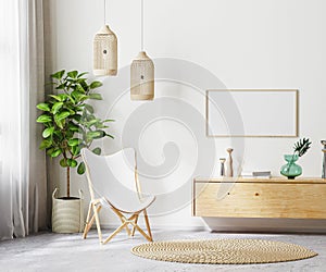 Mock up horizontal frame in living room interior background with white armchair and wooden furniture, scandi boho style, 3d