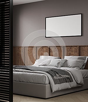 mock up horizontal poster frame in modern bedroom interior background, 3D render, 3D illustration