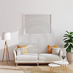 Mock up horizontal poster or picture blank frame in modern minimalistic interior background, Scandinavian style, 3D illustration