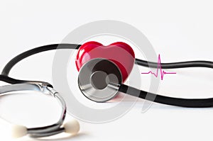 Mock up of a human heart with a phonendoscope and a fragment of a cardiogram on a white background close-up. Conceptual image for