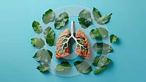 A mock-up of human lungs and scattered green leaves on a blue background