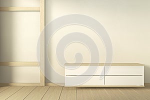 Mock up interior, Cabinet wooden in modern living room japan style on white wall background,3d rendering