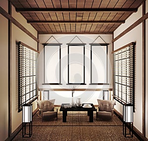 Mock up interior design,modern living room with tatami mat and traditional japanese door on best window view. 3d rendering