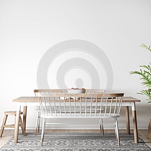 Mock up interior in farmhouse style, wooden dining-room, with green plant, 3D render, 3d illustration