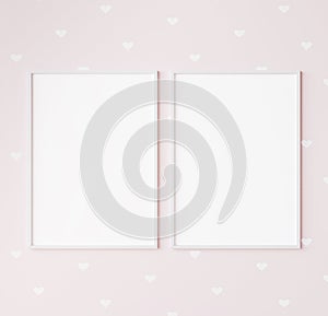 Mock up interior frame in kids room, two white frames on pink background with heart shape