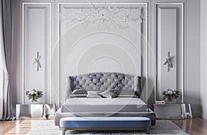 Mock up interior for luxury new classic bedroom, grey bed, blue bench