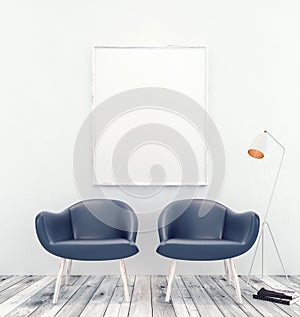 Mock up interior with white picture frame and two blue armchairs