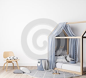 Mock up kids bedroom in white background, modern nursery style, empty white wall, 3D render, 3D illustration