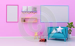 Mock up Kids room interior decorated,  wall in child room with Picture frame, 3d rendering illuatration.