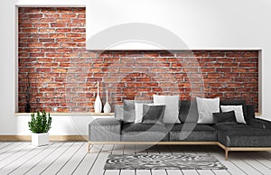 Mock up living room loft interior with sofa and Wall pattern brick in white wall. 3d rendering