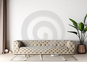 Mock up living room in modern interior background, beige sofa in Scandinavian style, 3D render, 3D illustration