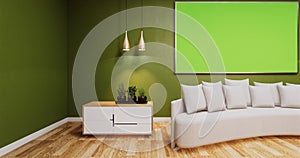 Mock up Living Room with whiteboard on wall room color green.3D rednering