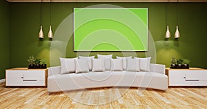 Mock up Living Room with whiteboard on wall room color green.3D rednering