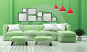 Mock up Minimal designs, living room interior with sofa plants and lamp on green wall background. 3D rendering