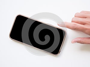 Mock Up Mobile Phone with blur Finger Woman on White Background