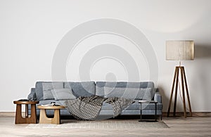 Mock up modern interior with empty white background wall, Blue sofa, 3D render