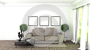 Mock up Modern interior room with sofa and green plants in white room,3d rendering