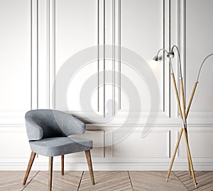 Mock up modern interior with white background and wooden floor with blue gray chair in living room