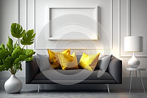 Mock-up Modern Living Room Interior Design, Black Sofa and Vetical Blank Photo Frame - Generative AI