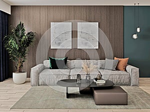 Mock up of a modern living room with a large comfortable sofa.