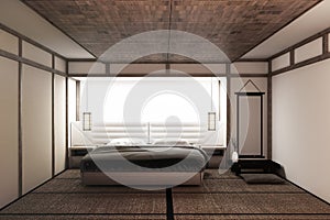 Mock up Modern peaceful Bedroom. zen style bedroom. serene bedroom. Wood bed with tatami floor japanese style. 3D rednering