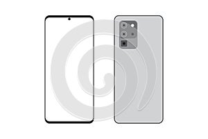 Mock up of modern quad camera smartphone in flat simple design - vector graphic illustration. Front and back side with blank