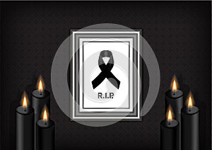 Mock up Mourning symbol with Black Respect ribbon ,Frame and Candle on Texture background Banner. Rest in Peace Funeral card