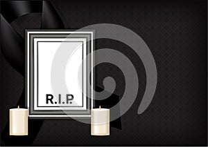 Mock up Mourning symbol with Black Respect ribbon ,Frame and Candle on Texture background Banner. Rest in Peace Funeral card