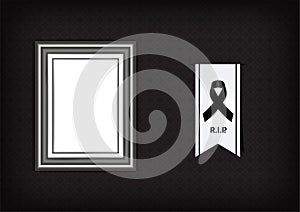 Mock up Mourning symbol with Black Respect ribbon and Frame on Texture background Banner. Rest in Peace Funeral card Vector