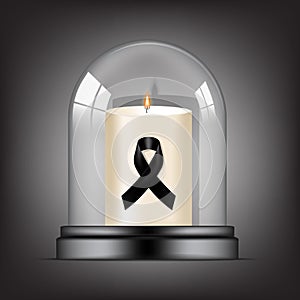 Mock up Mourning symbol with RIP Black Respect ribbon and Candle in Transparent Glass Dome background Banner. Rest in Peace