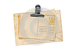 Mock up of old vintage paper envelopes and post cards with clip