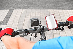 Mock-up phone, on the handlebars of a bicycle