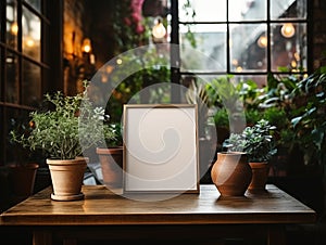 A mock up photo frame and beautiful plants in various pots, Generative AI