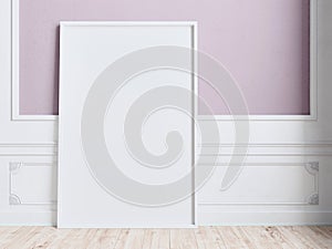 Mock up picture frame on plaster wall with wainscoting and hardwood floor 3d rendering, 3d illustration