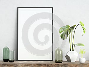 Mock up picture frame on white plaster wall with plant, digital flower and glass vases on wooden shelf, 3d render, 3d illustration