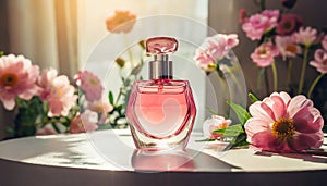 Mock-up of pink glass perfume bottle with beautiful spring or summer flowers on table. Floral aroma