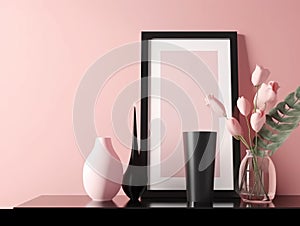 mock up of pink wall photo frame , home decor, front view, ai