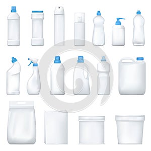 Mock up plastic bottle and packge. Set of realistic detergent product. Household chemicals. Vector.