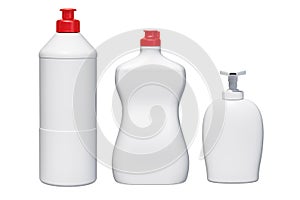 Mock-up plastic bottles. Detergent, cleaning products. 3D render