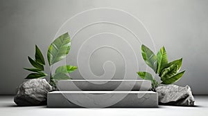 Mock-up of podium made of stone surrounded by green plants and leaves. Eco friendly concept background for eco and beauty products