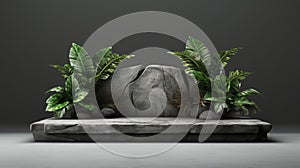 Mock-up of podium made of stone surrounded by green plants and leaves. Eco friendly concept background for eco and beauty products