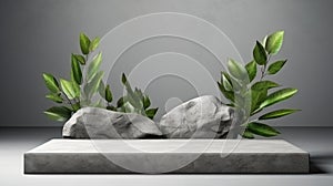 Mock-up of podium made of stone surrounded by green plants and leaves. Eco friendly concept background for eco and beauty products