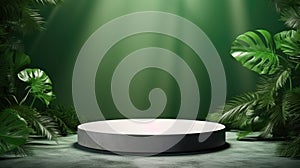 Mock-up of podium made of stone surrounded by green plants and leaves. Eco friendly concept background for eco and beauty products