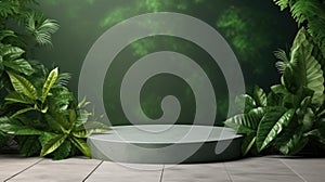 Mock-up of podium made of stone surrounded by green plants and leaves. Eco friendly concept background for eco and beauty products