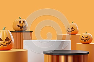 Mock up podium with scary pumpkins with diabolic smile on orange background