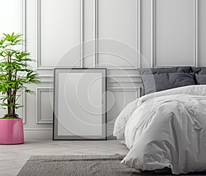 Mock up poster in bedroom interior background with classic wall, 3D illustration